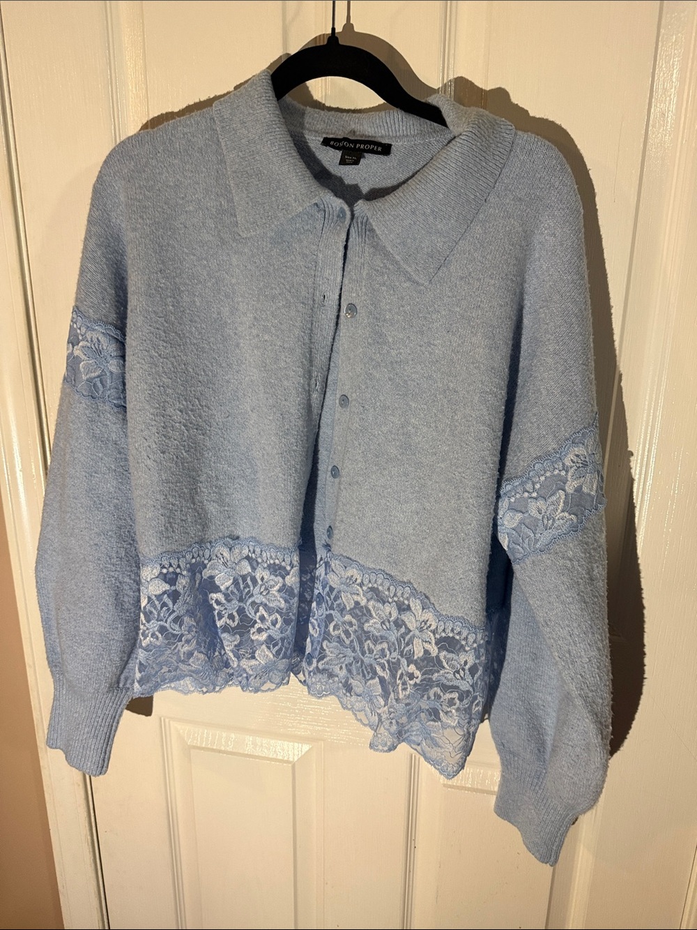 Boston Proper Light Blue Knit Cardigan with Point Collar wool blend, lace